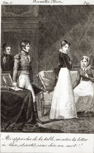 „Přišel ke stolu, ukázal dopis Alici a beze slova odešel!“, ilustrace z „La Famille Elliot“, překlad „Přesvědčování“ od Jane Austenové (1775-1817) (bw od French School